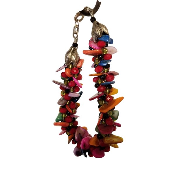 Colorful Vibrant Polished Shell Beaded Silver Bracelet Floral Encaps, Artisan - Picture 3 of 8